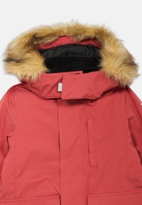 Raudona izoliuota striukė su nuimamu dirbtiniu kailiu, užtrauktuko uždarymas ir priekiniai kišenė; lygi tekstūra ir sportiškas dizainas.