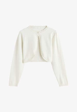 Hvid cropped cardigan med lange ærmer og blonder, rund halsudskæring, enkelt knaplukning og let puffede skuldre.