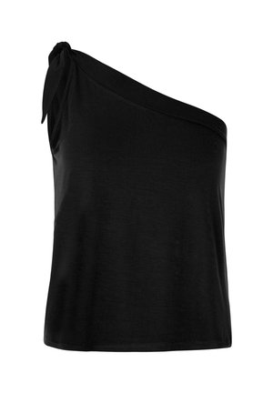 Crna top majica s jednim ramenom izrađena od mekog materijala, s detaljem čvora na ramenu, glatkom teksturom i slobodnim krojem.