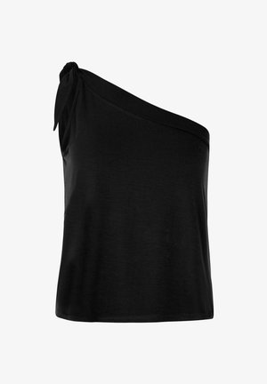 Čierny top s jedným ramenom vyrobený z jemnej látky, so zaujímavým uzlom na ramene, hladkým povrchom a voľným strihom.