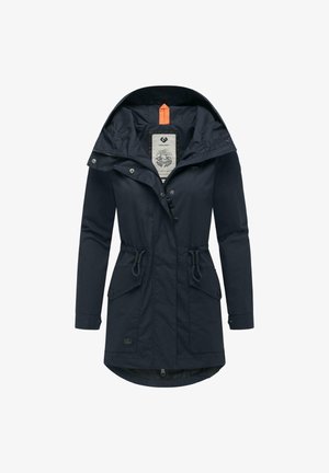 Marineblauer wasserdichter Mantel mit Kapuze, Zugband in der Taille, Fronttaschen, Reißverschluss und Druckknopfverschluss. Glatte Textur und ergonomisches Design.