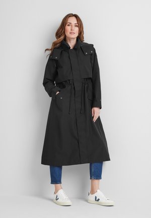 Black long coat with a drawstring waist, hood, and snap button closures; features side pockets and a sleek, water-resistant design.