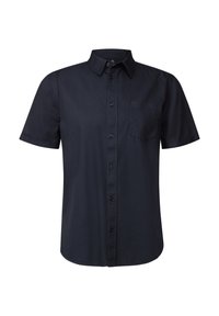 Camisa de botones navy de manga corta, con un solo bolsillo en el pecho y una textura suave. Presenta un cuello clásico y botones negros.