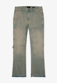 Blekta gröna denimbyxor med utsvängda ben, fem fickor, kontrasterande sömmar och fransade fållar. Har dragkedja och knäppning.