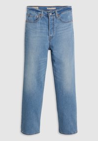 Jean en denim bleu clair à jambes droites avec cinq poches, passants pour ceinture et fermeture par bouton, présenté à plat sur un fond neutre.