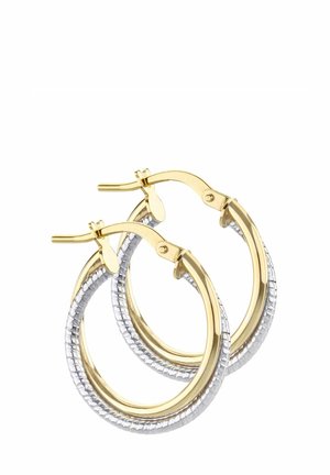 Kolczyki koła w odcieniach złota i srebra o splatanej strukturze, charakteryzujące się eleganckim wzorem i zapięciem zatrzaskowym zapewniającym bezpieczne noszenie.