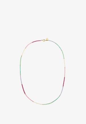 Bunt perlenbesetzte Halskette mit kleinen runden Perlen in Rosa, Grün, lila und Weiß, mit goldenem Verschluss und Akzenten.