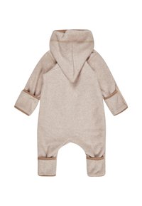 Beige hooded baby onesie with long sleeves and fold-over cuffs, shown from the back on a white background.