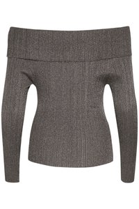 Off-the-shoulder, ribbet topp i mørkegrått med metallisk glans. Fitted design, lange ermer og bred utrigning. Mykt, elastisk stoff.
