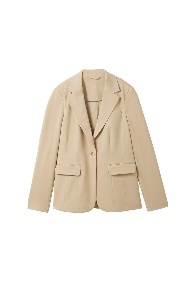 Blazer beige realizzato in tessuto liscio, con revers a punta, due tasche frontali e chiusura con un solo bottone. Vestibilità sartoriale con una leggera texture.
