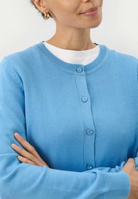 Cardigan azzurro chiaro con colletto rotondo, polsini a costine e sei bottoni abbinati lungo la parte anteriore. Tessuto a maglia liscia senza motivi visibili.