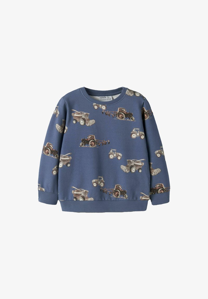 Sweat-shirt bleu à manches longues pour enfants avec un imprimé intégral de différents tracteurs et moissonneuses-batteuses marron et beige.