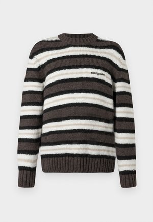 Gestreepte trui in zwart, wit en beige. Heeft een ronde hals, lange mouwen, geribde boorden en een klein logo op de borst.