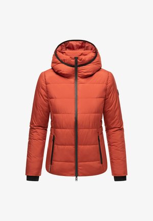 Rustoranžová vypchávaná bunda s vysokým golierom, čiernym zipsom, zipsovými bočnými vreckami a čiernymi detailmi na manžetách rukávov.