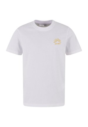 White cotton t-shirt with a crew neck. Features an embroidered yellow sun design and the text "Let it Shine" below. Short sleeves.
