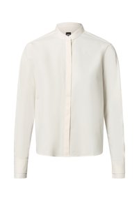 White long-sleeve shirt with a band collar, featuring a button placket and smooth texture. Simple design, no patterns or accents.