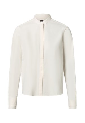 White long-sleeve shirt with a band collar, featuring a button placket and smooth texture. Simple design, no patterns or accents.