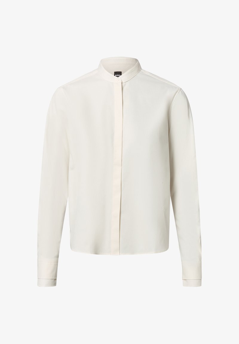 White long-sleeve shirt with a band collar, featuring a button placket and smooth texture. Simple design, no patterns or accents.