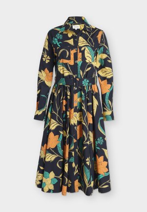 Langärmliges, geknöpftes Kleid mit Kragen und Gürtel, mit schwarzem Hintergrund und großen orange-, gelb- und türkisfarbenen Blumenmustern.