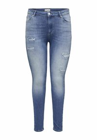 Vaqueros ajustados en denim azul claro con detalles desgastados y rotos en la parte delantera. Diseño tradicional de cinco bolsillos y cierre de botón.
