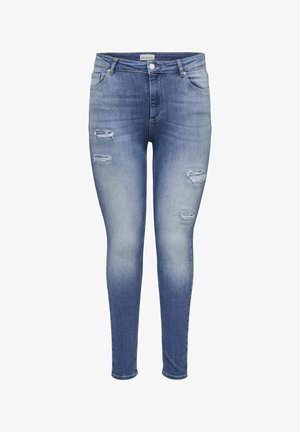 Tanke jeans v svetlo modrem denimu z uničenimi detajli in raztrganinami spredaj. Tradicionalna oblika s petimi žepi in gumbnim zapiranjem.