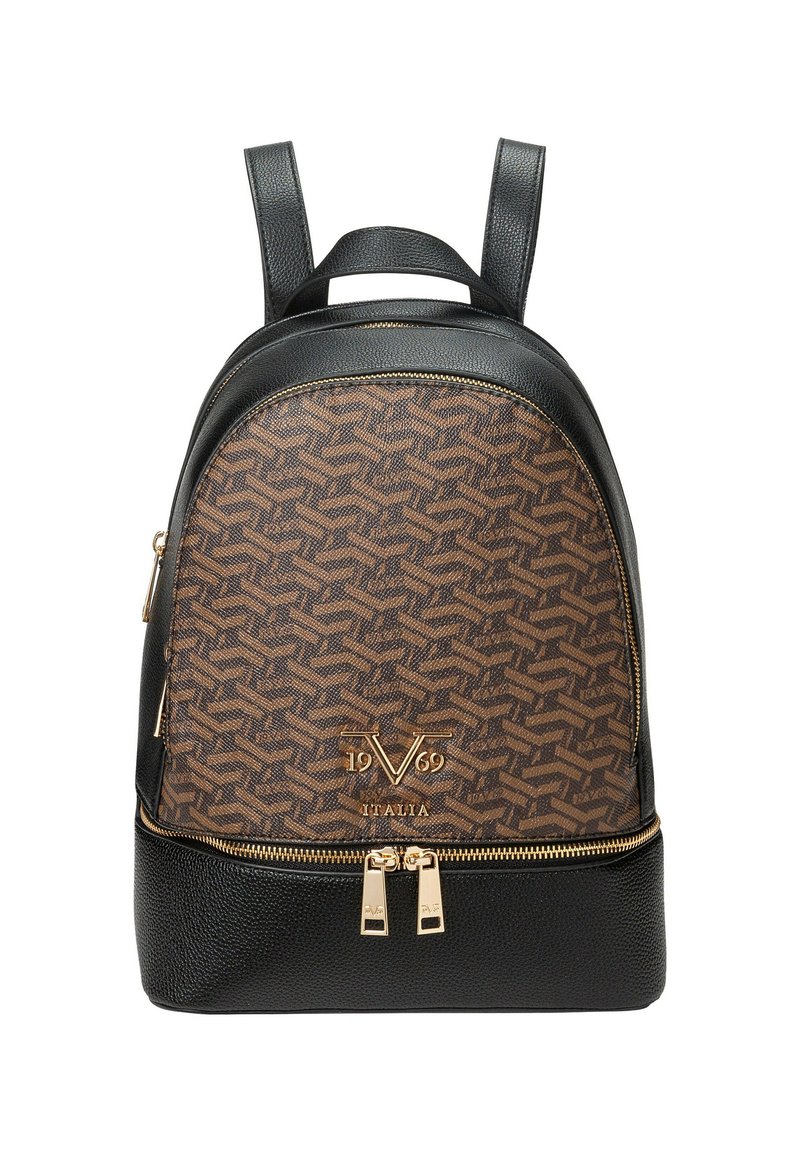 Bruine getextureerde nepleer rugzak met een zwarte gestructureerde onderkant, gouden ritsaccenten en verstelbare schouderbanden. Bevat een logoontwerp op de voorkant.