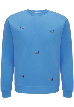 Blauwe sweatshirt van zacht materiaal, met kleine geborduurde motieven in rood, oranje en zwart. Eenvoudige ronde hals en geribbelde manchetten.