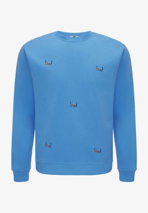 Blauwe sweatshirt van zacht materiaal, met kleine geborduurde motieven in rood, oranje en zwart. Eenvoudige ronde hals en geribbelde manchetten.