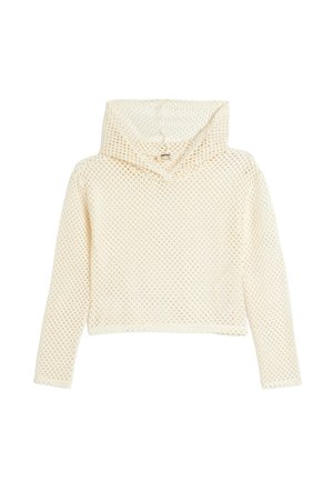 Hæklede striktrøje i off-white med funnel neck. Har et løst, struktureret mønster og lange ærmer, designet til åndbar lagdeling.