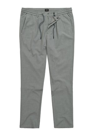 Graue Hose mit einem elastischen Bund mit Kordelzug, Reißverschluss und Taschen an den Seiten. Der Stoff weist ein subtil texturiertes Muster auf.