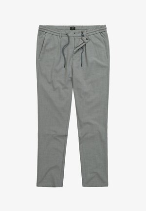 Szare spodnie z elastycznym pasem na troczki, z zapięciem na zamek i bocznymi kieszeniami. Tkanina ma subtelny, teksturowany wzór.