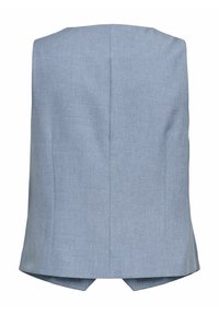 Gilet azzurro chiaro su misura, senza maniche, con cuciture strutturate e una texture sottile, mostrato di schiena su uno sfondo bianco.