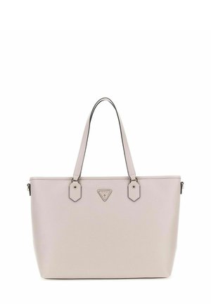 Sac fourre-tout rose clair en matériau synthétique texturé, comportant deux poignées robustes, un logo triangulaire et des accents en matériel hexagonal.