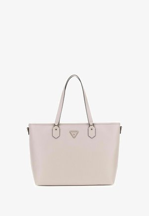 Sac fourre-tout rose clair en matériau synthétique texturé, comportant deux poignées robustes, un logo triangulaire et des accents en matériel hexagonal.