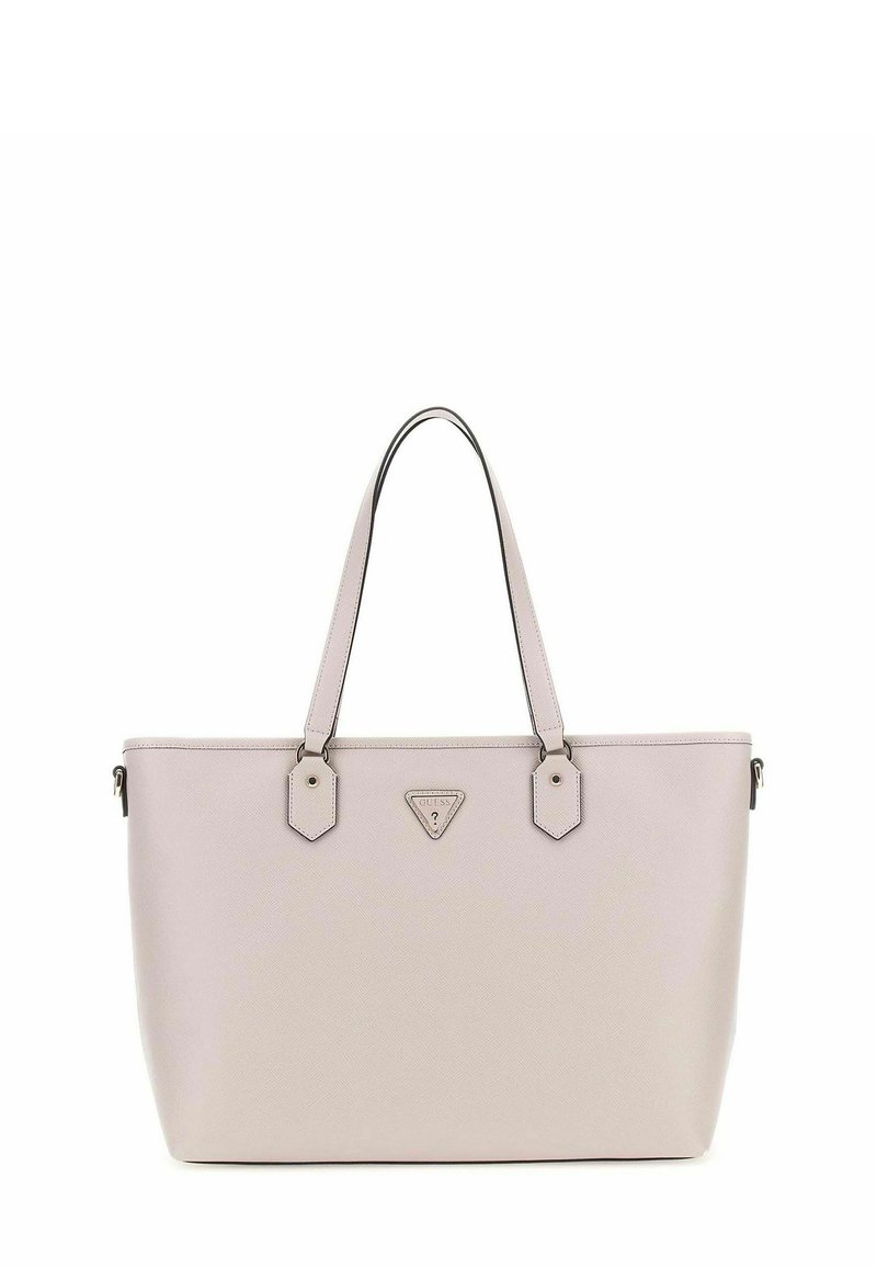 Sac fourre-tout rose clair en matériau synthétique texturé, comportant deux poignées robustes, un logo triangulaire et des accents en matériel hexagonal.