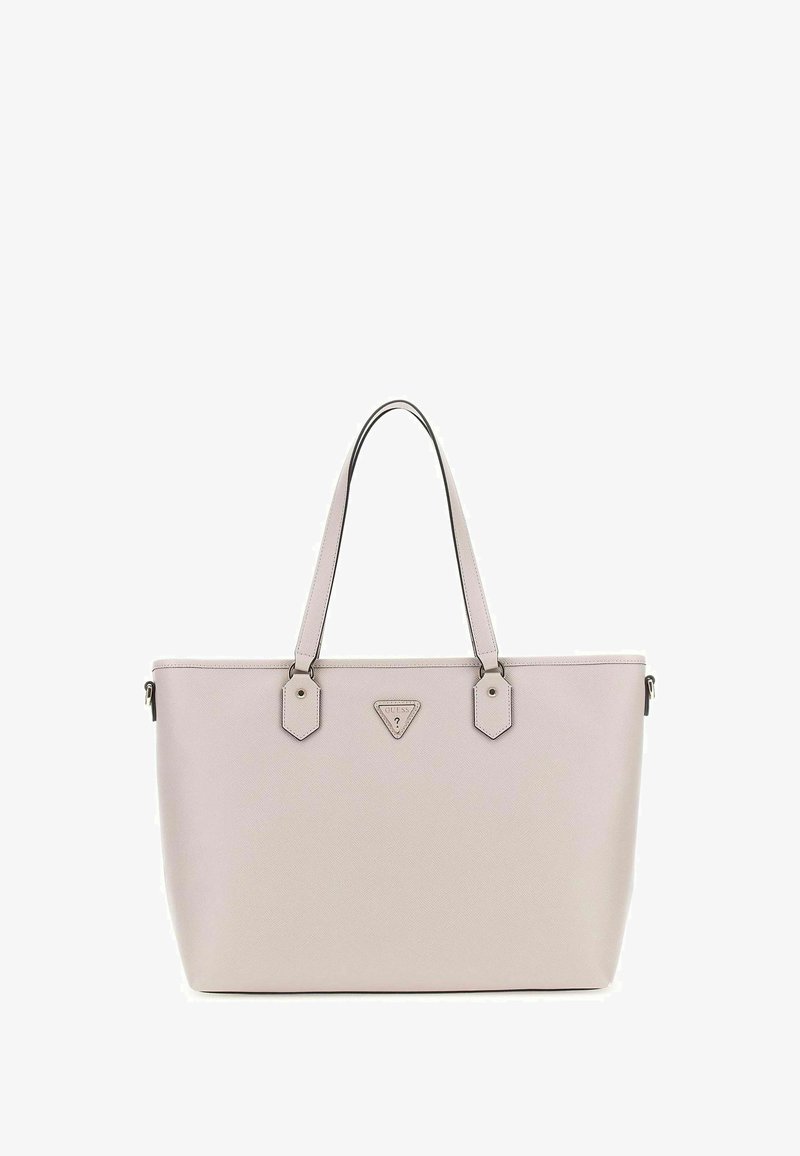Sac fourre-tout rose clair en matériau synthétique texturé, comportant deux poignées robustes, un logo triangulaire et des accents en matériel hexagonal.