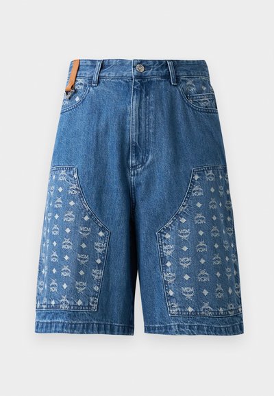 Denim shorts in blue with patterned paneling featuring logo motifs, patch pockets, and a classic waistband with a metal button closure.