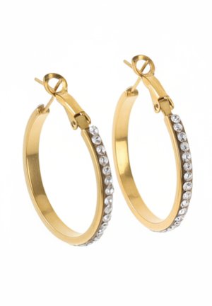 Orecchini a cerchio in oro con fila di cristalli rotondi trasparenti lungo il bordo esterno e chiusure a scatto.