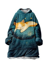 Coperta con cappuccio in pile teal, caratterizzata da un'illustrazione di un gatto che dorme su un cuscino con stelle e accenti cosmici. Texture morbida.