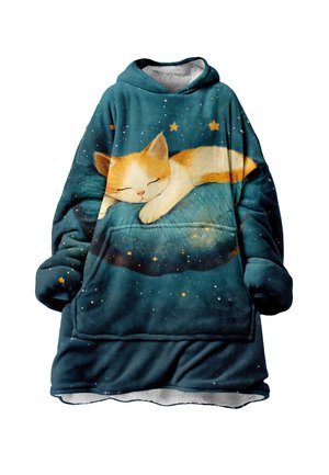 Coperta con cappuccio in pile teal, caratterizzata da un'illustrazione di un gatto che dorme su un cuscino con stelle e accenti cosmici. Texture morbida.