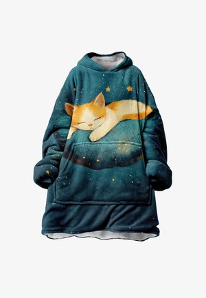 Coperta con cappuccio in pile teal, caratterizzata da un'illustrazione di un gatto che dorme su un cuscino con stelle e accenti cosmici. Texture morbida.