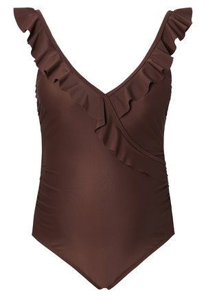 Bruin badpak in één stuk met ruches op de schouderbanden, een diepe V-hals en een gathered textuur aan de zijkanten voor een strakke pasvorm.