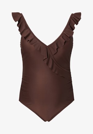 Brun one-piece badedragt med flæser på stropperne, dyb V-udskæring og en indsamlet tekstur på siderne for en tætsiddende pasform.