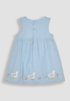 Vestido de algodón azul claro con un diseño sin mangas, que presenta lunares, botones en la parte posterior y patitos bordados con acentos florales.