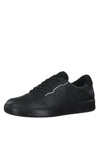 Schwarze Ledersneaker mit glatter Textur, runder Zehenpartie, erhöhtem Gummisohle und dezenten weißen Akzenten entlang der Naht.