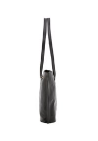 Sac en cuir noir au design épuré, avec deux longues sangles et une base arrondie. Texture lisse avec un détail de couture central.