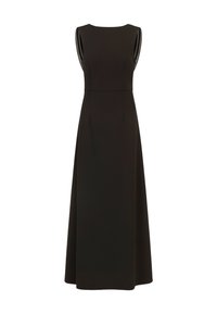 Long black sleeveless dress with a round neckline, tailored fit, and subtle pleats, made from lightweight fabric with a smooth texture.