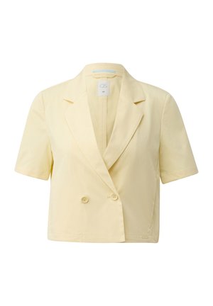 Blazer court jaune crème raccourci avec manches courtes, revers crantés et fermeture à double bouton.