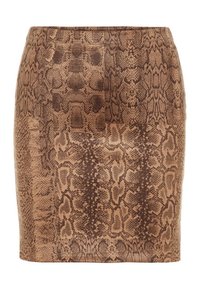 Jupe crayon à imprimé serpent marron et beige, silhouette ajustée avec une taille haute.