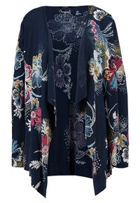 Marinblå öppen framside cardigan med färgglada blomsterutskrifter i röd, gul, blå och vit som sprids över tyget.